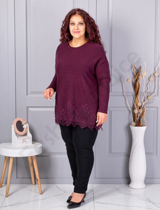 Plus size πλεκτή μπλούζα με δαντέλα και στρας-βουργουνδί-κωδ 6900-2