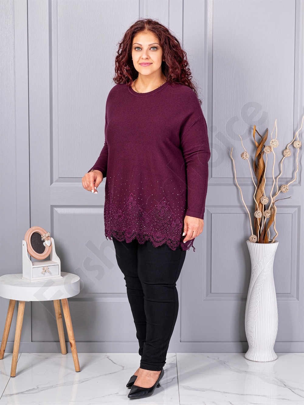 Plus size πλεκτή μπλούζα με δαντέλα και στρας-βουργουνδί-κωδ 6900-2