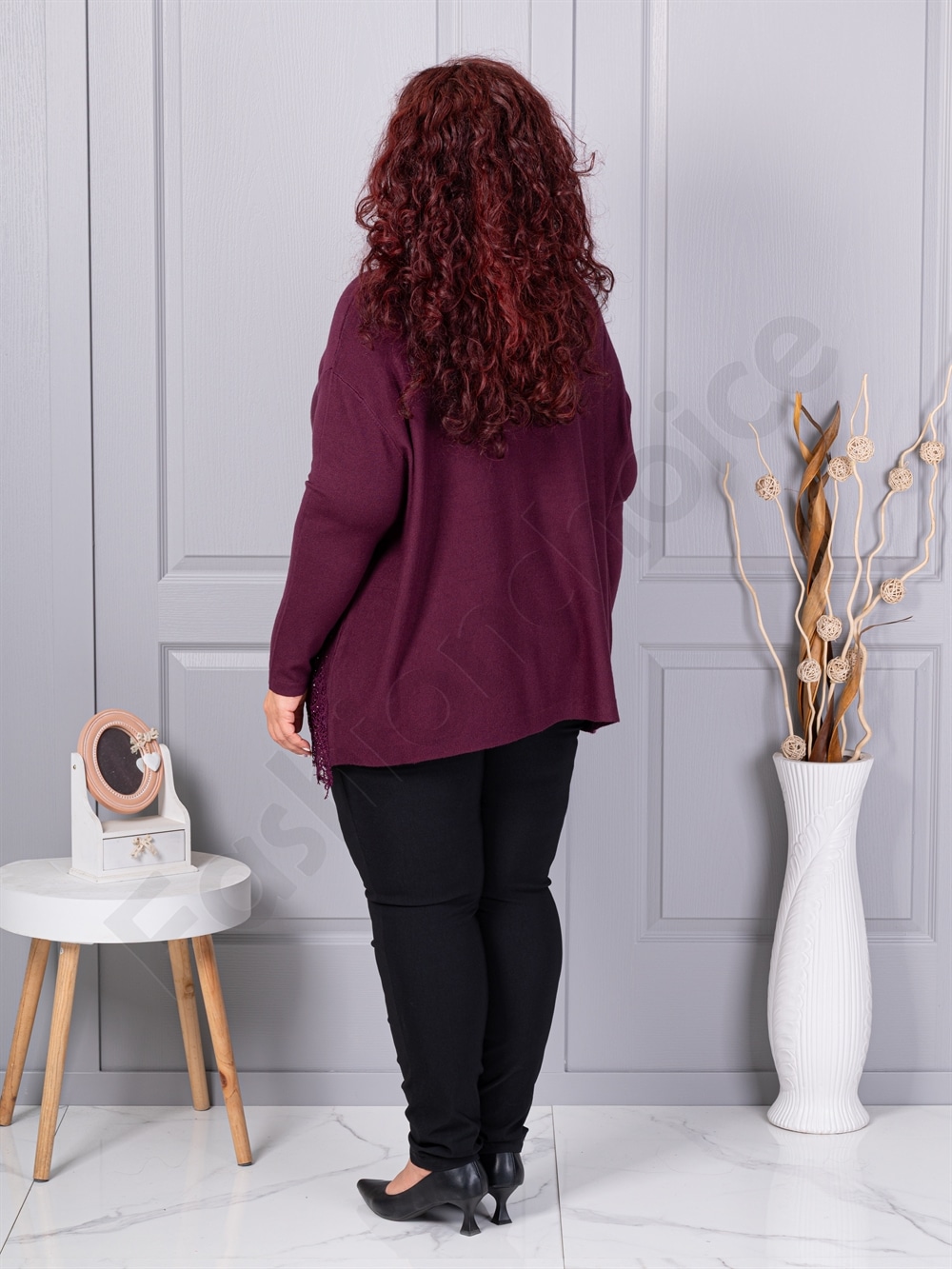 Plus size πλεκτή μπλούζα με δαντέλα και στρας-βουργουνδί-κωδ 6900-2