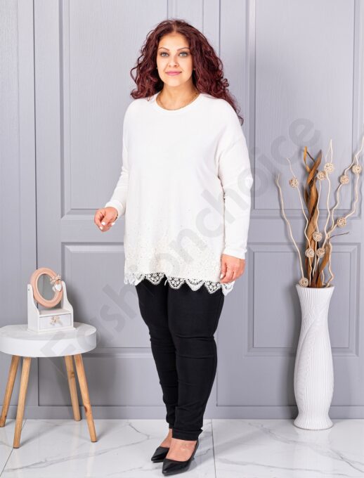 Plus size πλεκτή μπλούζα με δαντέλα και στρας-λευκό-κωδ 6900-1