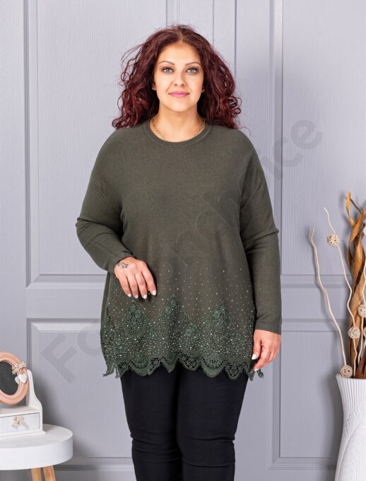 Plus size πλεκτή μπλούζα με δαντέλα και στρας-χακί-κωδ 6900-3
