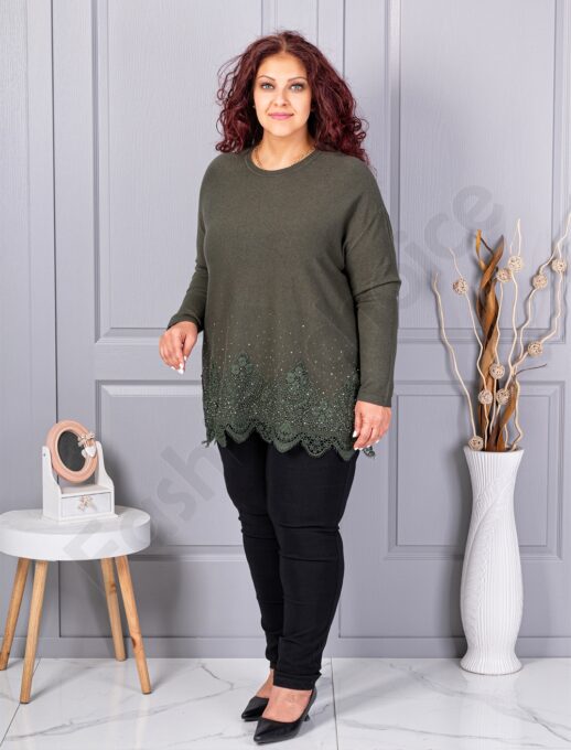 Plus size πλεκτή μπλούζα με δαντέλα και στρας-χακί-κωδ 6900-3