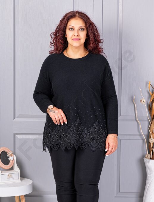 Plus size πλεκτή μπλούζα με δαντέλα και στρας-μαύρο-κωδ 6900