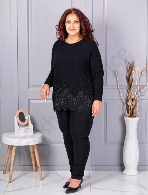 Plus size πλεκτή μπλούζα με δαντέλα και στρας-μαύρο-κωδ 6900