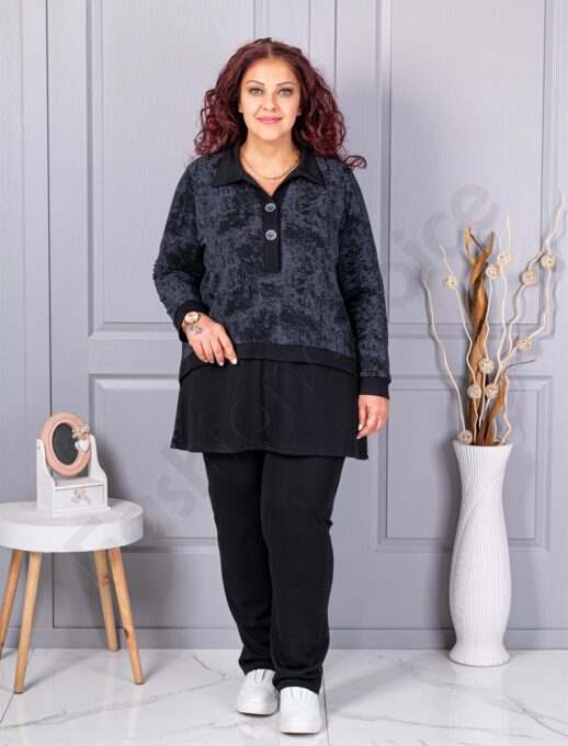Plus size σετ φόρμας με γιακά-μαύρο-κωδ 1505