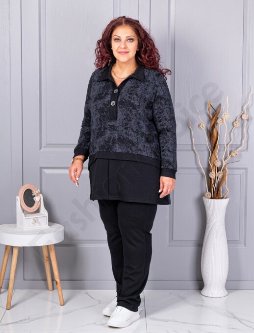 Plus size σετ φόρμας με γιακά-μαύρο-κωδ 1505