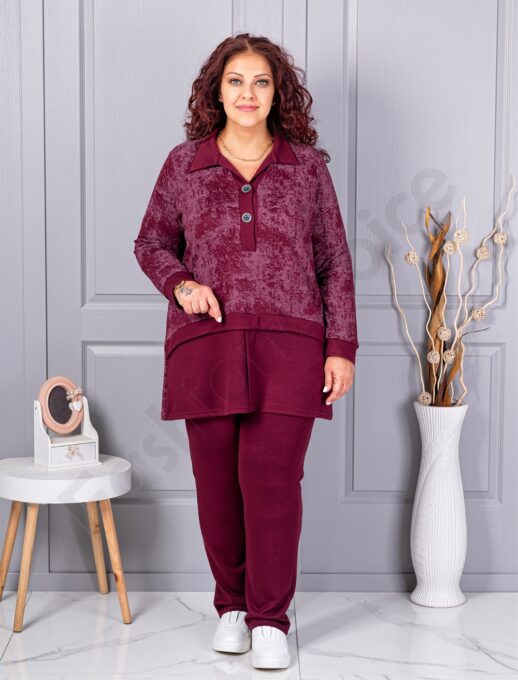 Plus size σετ φόρμας με γιακά-μπορντό-κωδ 1505-1