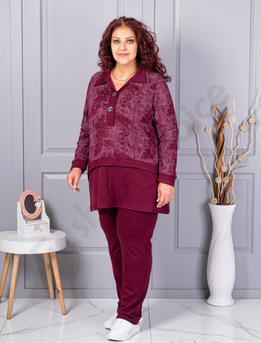 Plus size σετ φόρμας με γιακά-μπορντό-κωδ 1505-1