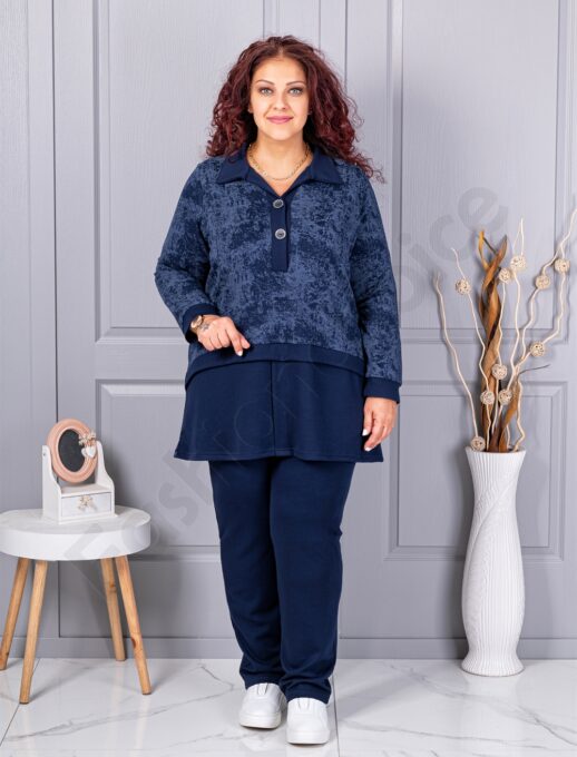 Plus size σετ φόρμας με γιακά-σκούρο μπλε-κωδ 1505-2