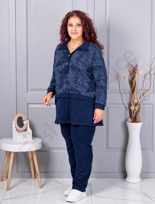Plus size σετ φόρμας με γιακά-σκούρο μπλε-κωδ 1505-2