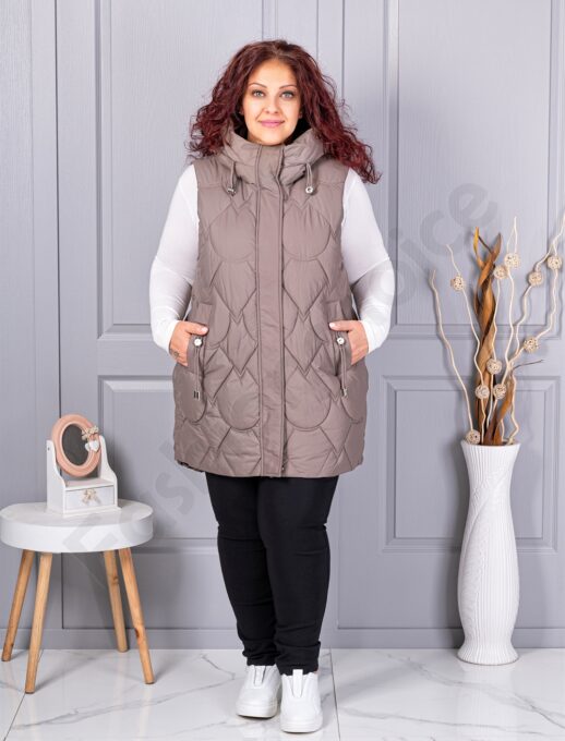 Plus size αμάνικο μπουφάν με κουκούλα-μόκα-κωδ 9873-4