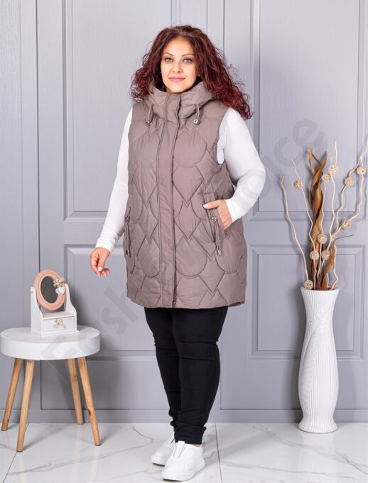 Plus size αμάνικο μπουφάν με κουκούλα-μόκα-κωδ 9873-4