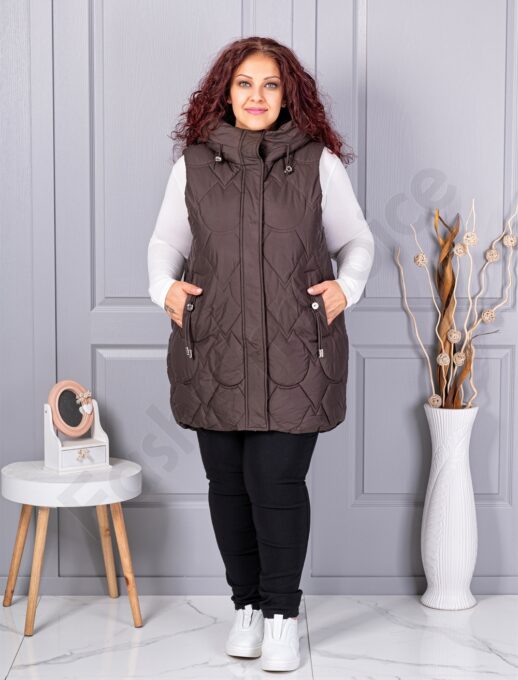 Plus size αμάνικο μπουφάν με κουκούλα-καφέ-κωδ 9873-3