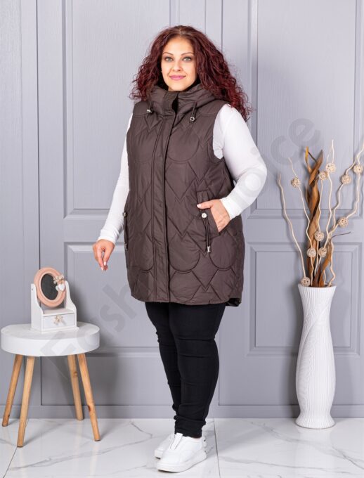 Plus size αμάνικο μπουφάν με κουκούλα-καφέ-κωδ 9873-3