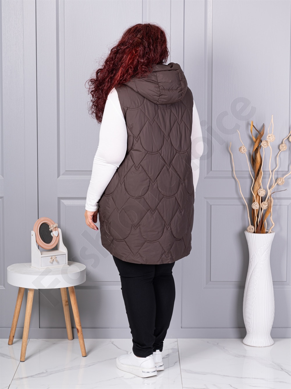 Plus size αμάνικο μπουφάν με κουκούλα-καφέ-κωδ 9873-3