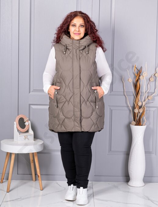 Plus size αμάνικο μπουφάν με κουκούλα-χακί-κωδ 9873-2
