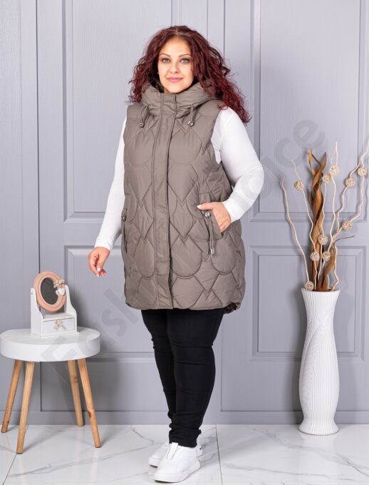 Plus size αμάνικο μπουφάν με κουκούλα-χακί-κωδ 9873-2