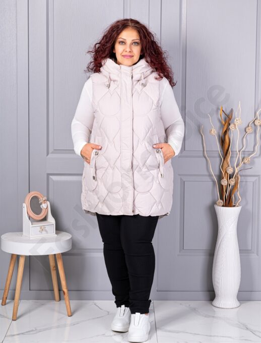 Plus size αμάνικο μπουφάν με κουκούλα-εκρού-κωδ 9873-1