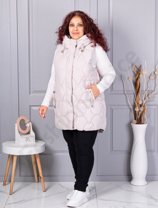 Plus size αμάνικο μπουφάν με κουκούλα-εκρού-κωδ 9873-1