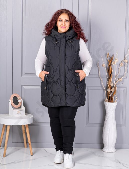 Plus size αμάνικο μπουφάν με κουκούλα-μαύρο-κωδ 9873