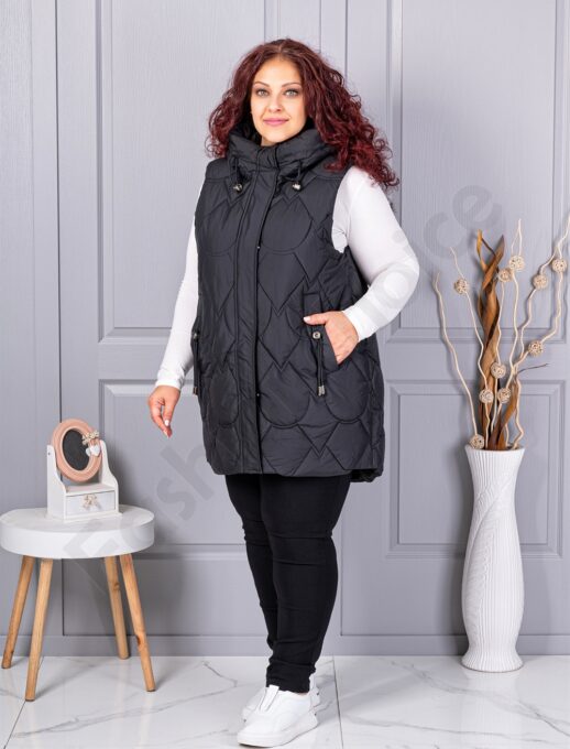 Plus size αμάνικο μπουφάν με κουκούλα-μαύρο-κωδ 9873