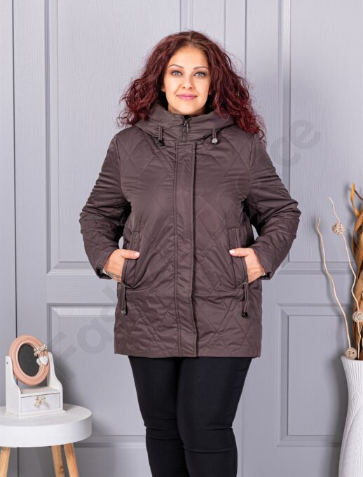 Plus size μπουφάν με κουκούλα-καφέ-κωδ 9880-2