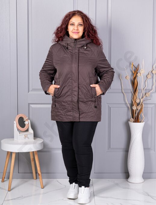 Plus size μπουφάν με κουκούλα-καφέ-κωδ 9880-2