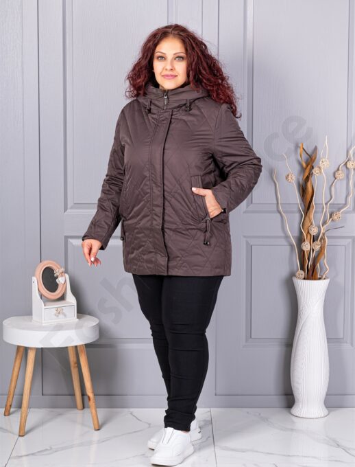 Plus size μπουφάν με κουκούλα-καφέ-κωδ 9880-2