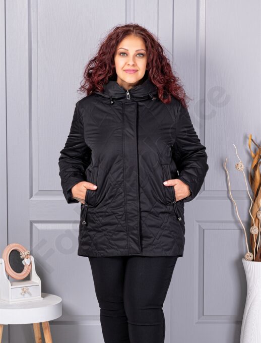 Plus size μπουφάν με κουκούλα-μαύρο-κωδ 9880