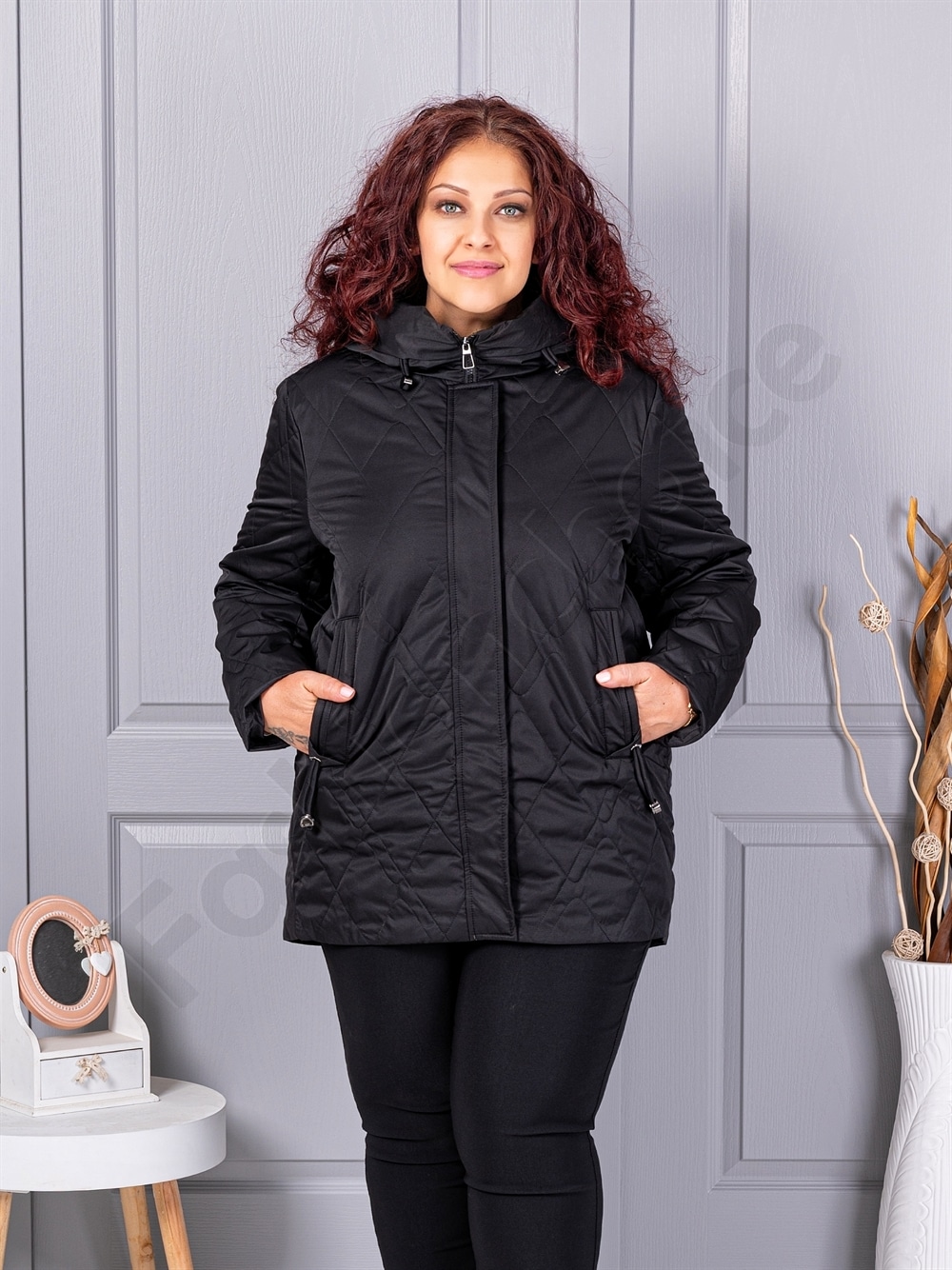 Plus size μπουφάν με κουκούλα-μαύρο-κωδ 9880