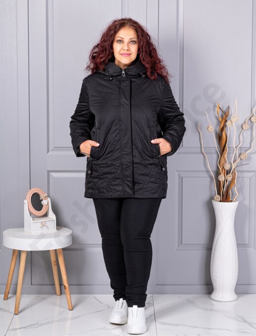 Plus size μπουφάν με κουκούλα-μαύρο-κωδ 9880