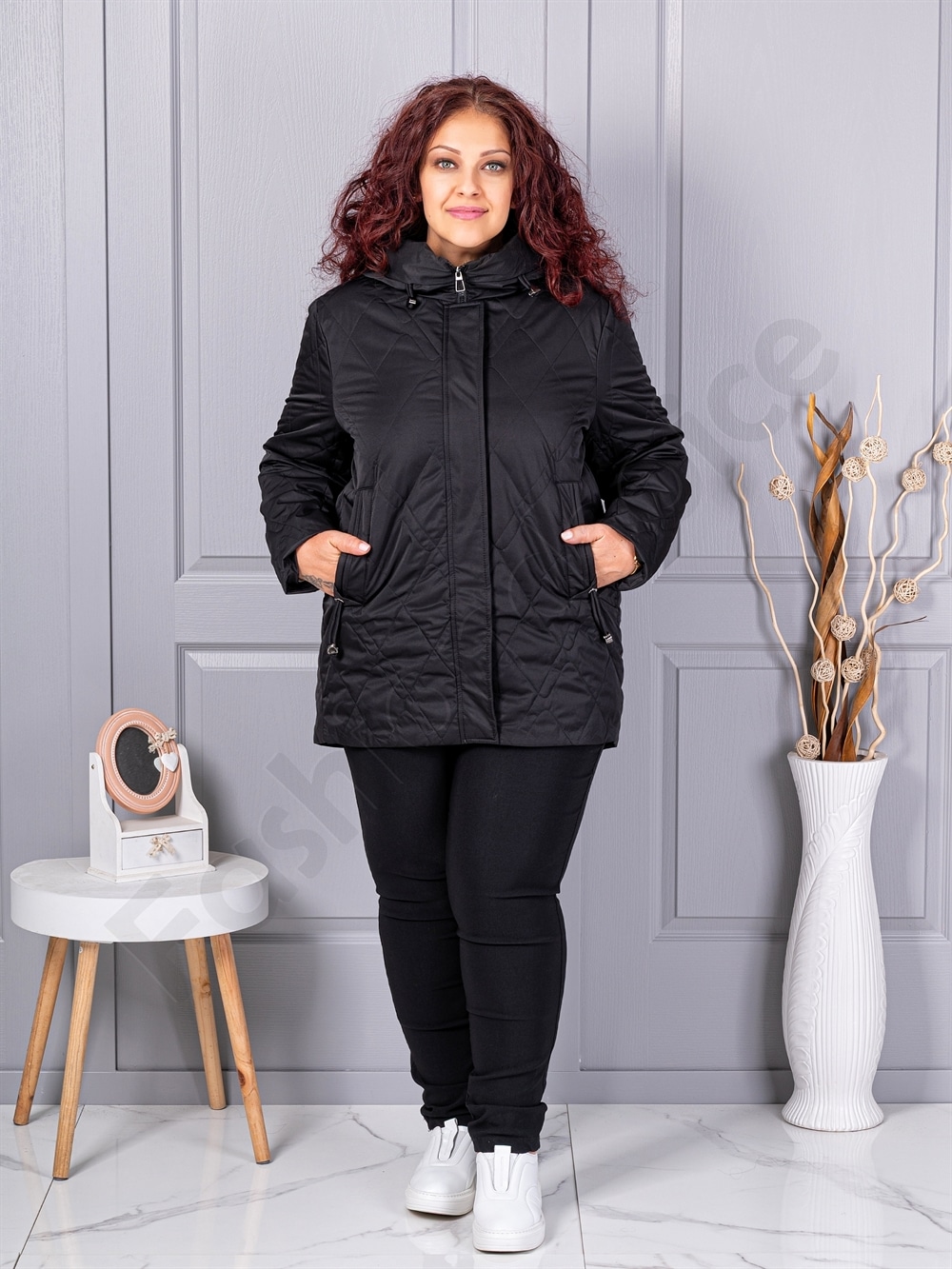 Plus size μπουφάν με κουκούλα-μαύρο-κωδ 9880