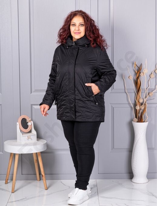 Plus size μπουφάν με κουκούλα-μαύρο-κωδ 9880