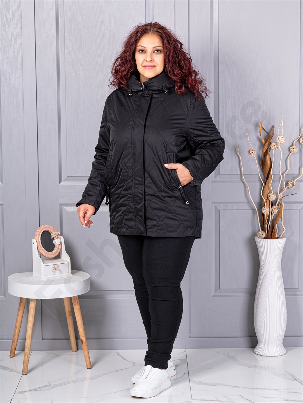 Plus size μπουφάν με κουκούλα-μαύρο-κωδ 9880