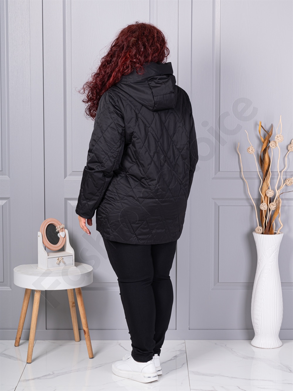 Plus size μπουφάν με κουκούλα-μαύρο-κωδ 9880