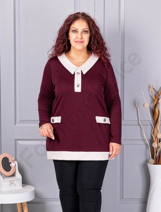 Plus size μπλούζα με γιακά και κουμπιά-μπορντό-κωδ 1475