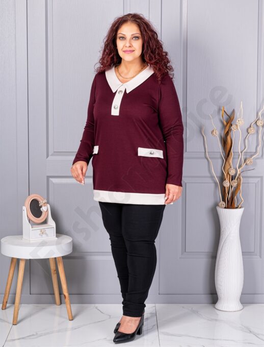Plus size μπλούζα με γιακά και κουμπιά-μπορντό-κωδ 1475