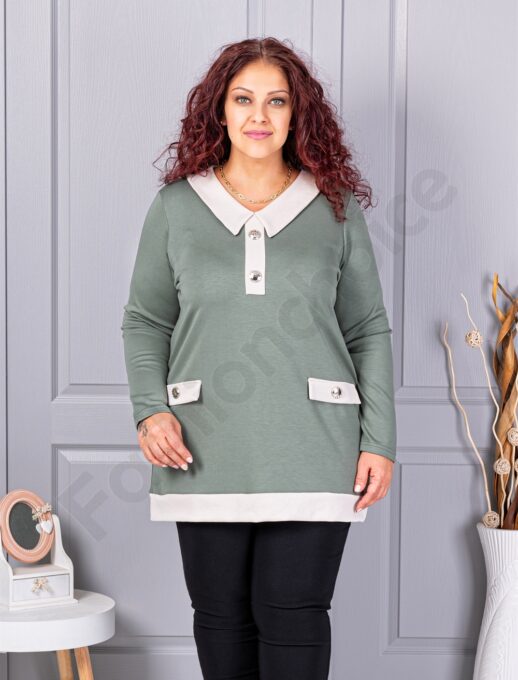 Plus size μπλούζα με γιακά και κουμπιά-μέντα-κωδ 1475-2