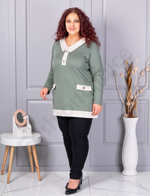 Plus size μπλούζα με γιακά και κουμπιά-μέντα-κωδ 1475-2