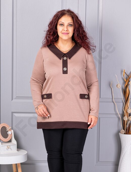 Plus size μπλούζα με γιακά και κουμπιά-μόκα-κωδ 1475-1