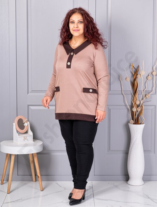 Plus size μπλούζα με γιακά και κουμπιά-μόκα-κωδ 1475-1