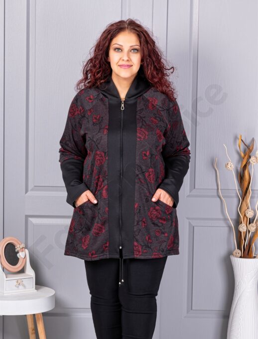 Plus size ζακέτα με τριαντάφυλλα-μαύρο-κωδ 1212-3
