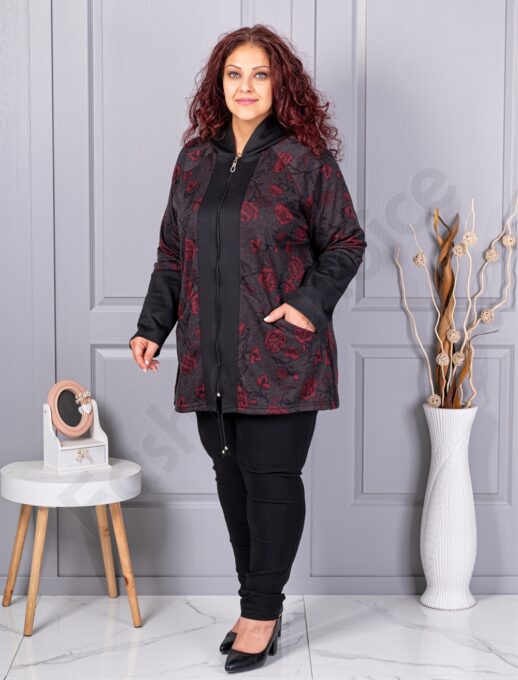 Plus size ζακέτα με τριαντάφυλλα-μαύρο-κωδ 1212-3