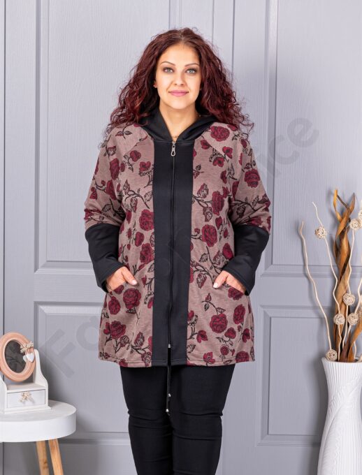 Plus size ζακέτα με τριαντάφυλλα-μόκα-κωδ 1212-4