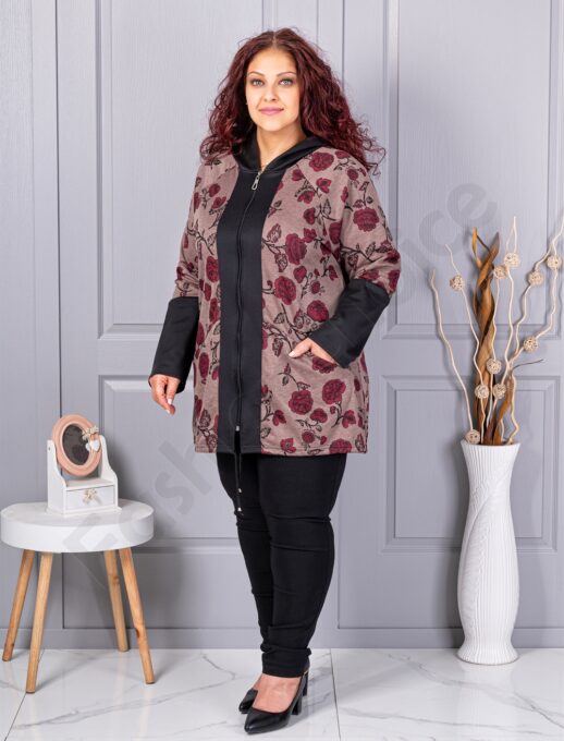 Plus size ζακέτα με τριαντάφυλλα-μόκα-κωδ 1212-4