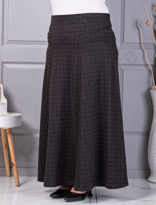 Plus size κλος φούστα με καρό μοτίβο-καφέ-κωδ 26369
