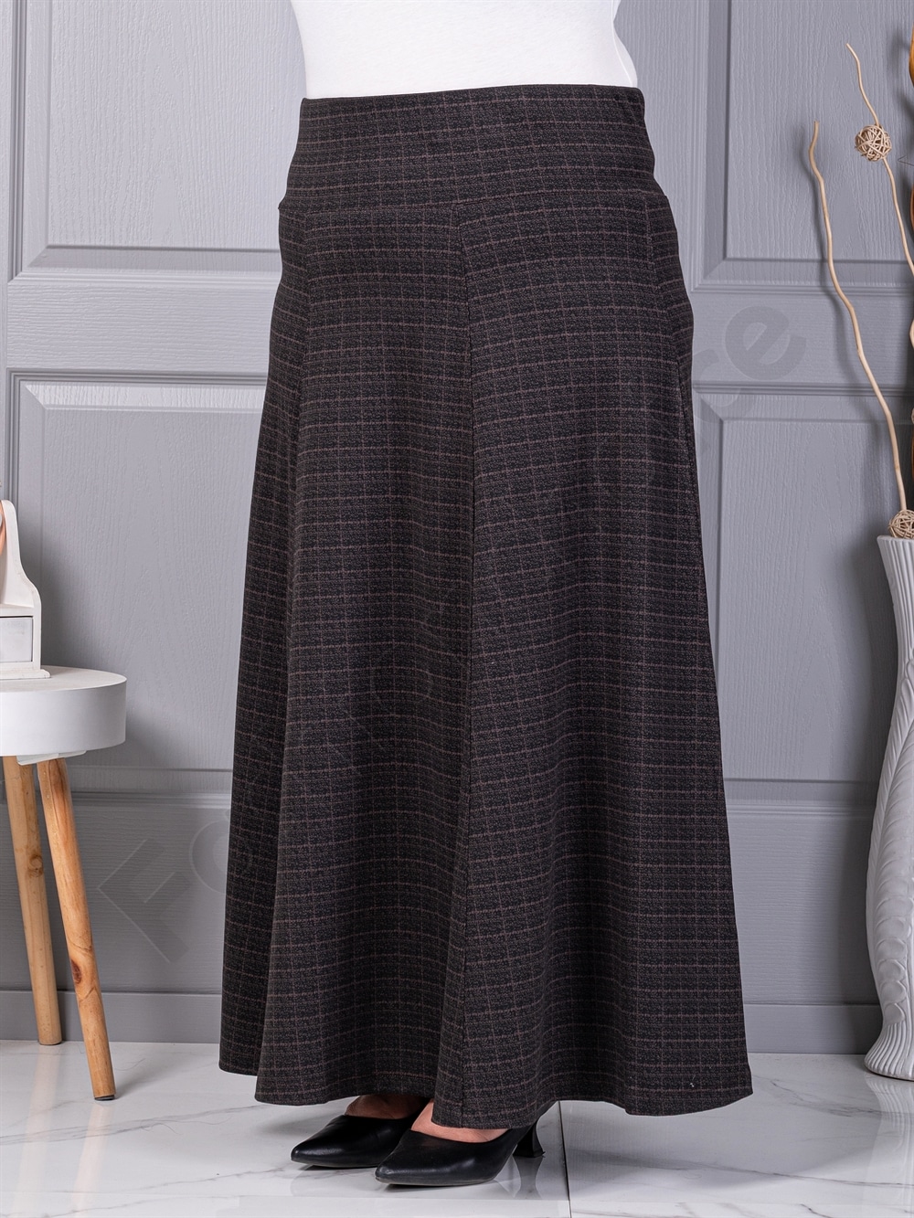 Plus size κλος φούστα με καρό μοτίβο-καφέ-κωδ 26369