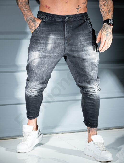 Ανδρικό τζιν παντελόνι drop crotch με πιτσιλιές-μαύρο-κωδ 12969