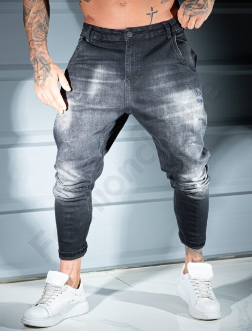 Ανδρικό τζιν παντελόνι drop crotch με πιτσιλιές-μαύρο-κωδ 12969