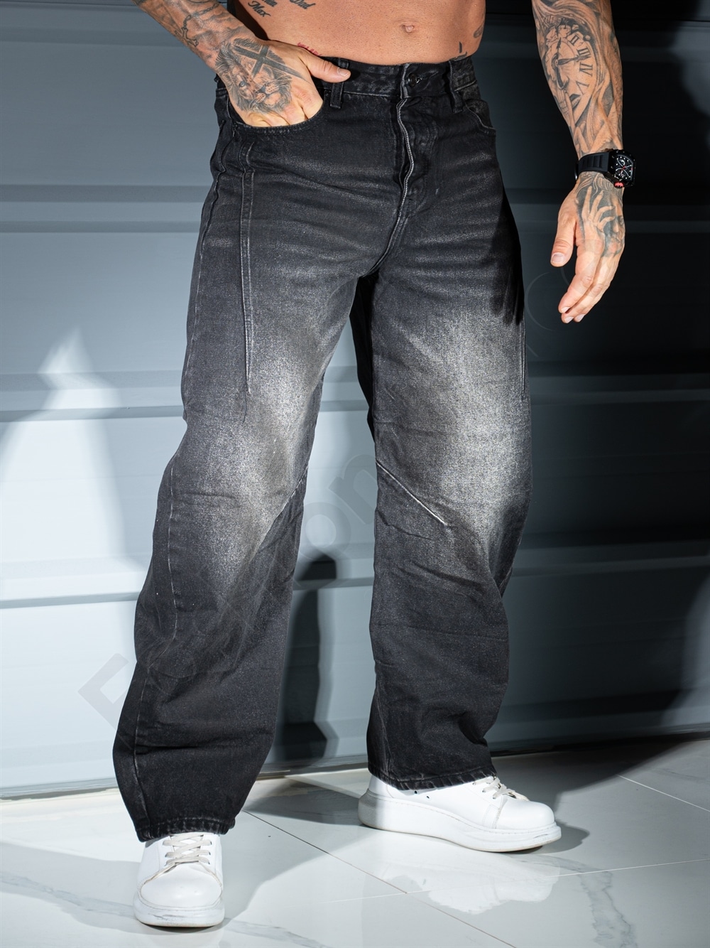 Ανδρικό τζιν παντελόνι baggy ξεβαμμένο-μαύρο-κωδ 8636
